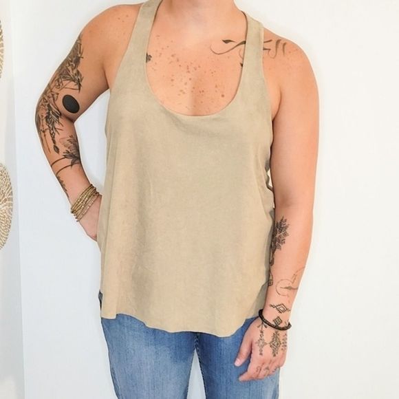 Guess Tops - GUESS Woman's Suede Racerback Raw Edge Tank Top Tan Size L